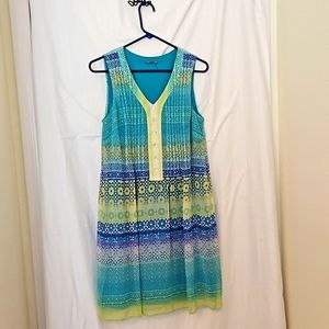 Pretty summer dress with beautiful greens, blue and coral.